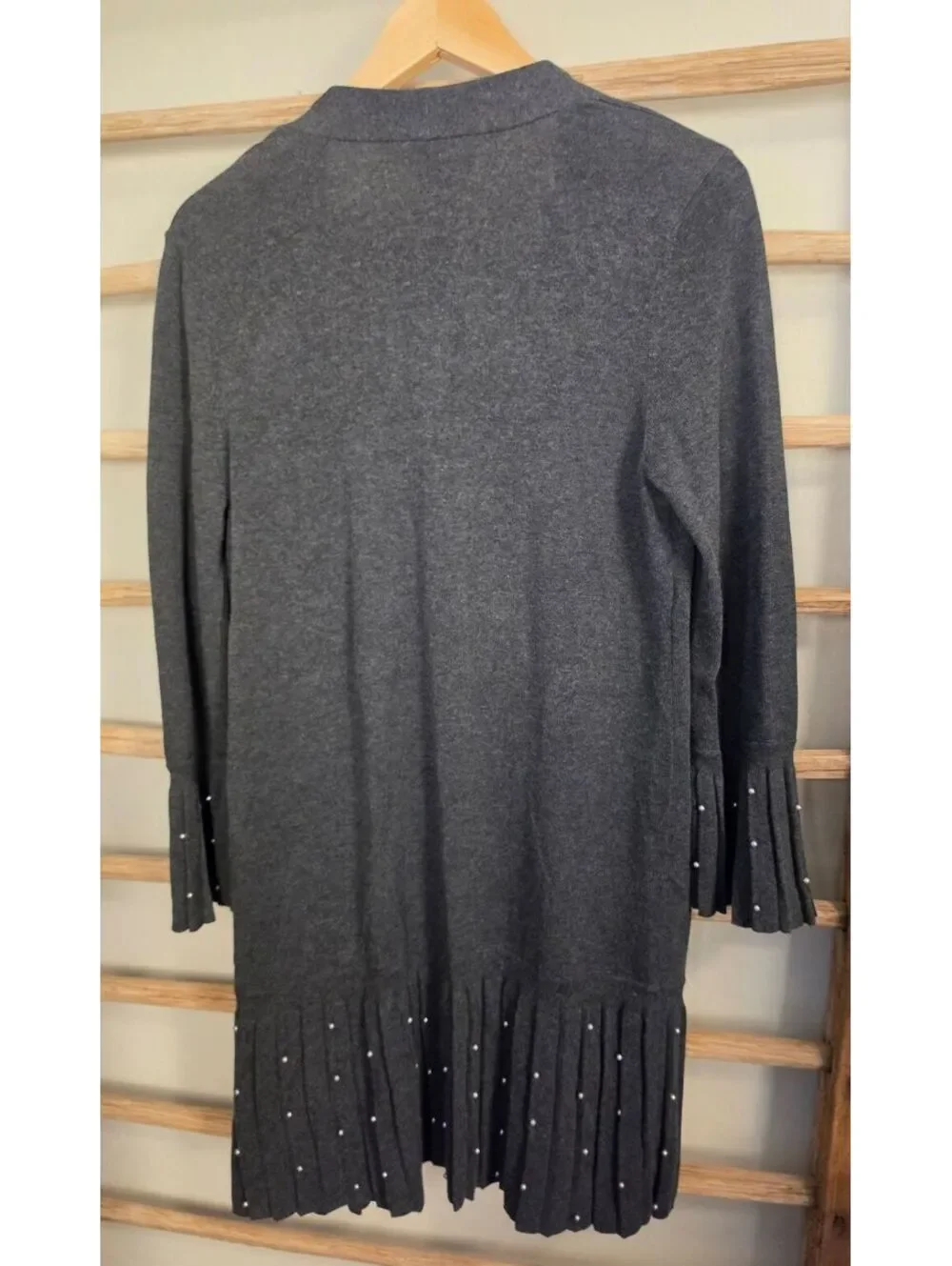 Chico's NWT Charcoal Gray Open Front Cardigan Pearl Pleated Bell Sleeve Sweater